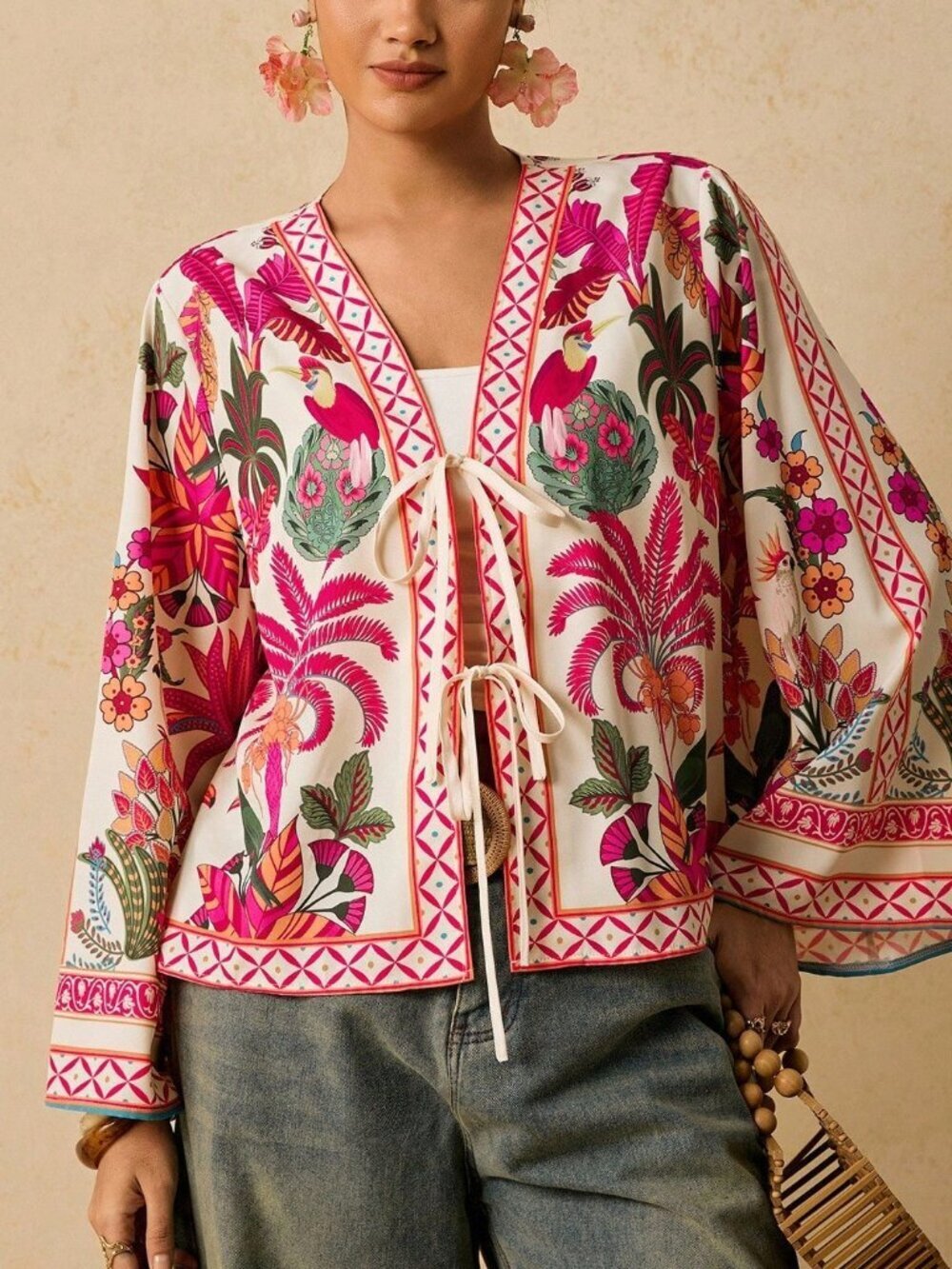 Hot Pink Boho Women's Print Tie Front Casual Plus Size Blouse - Picture 6 of 7